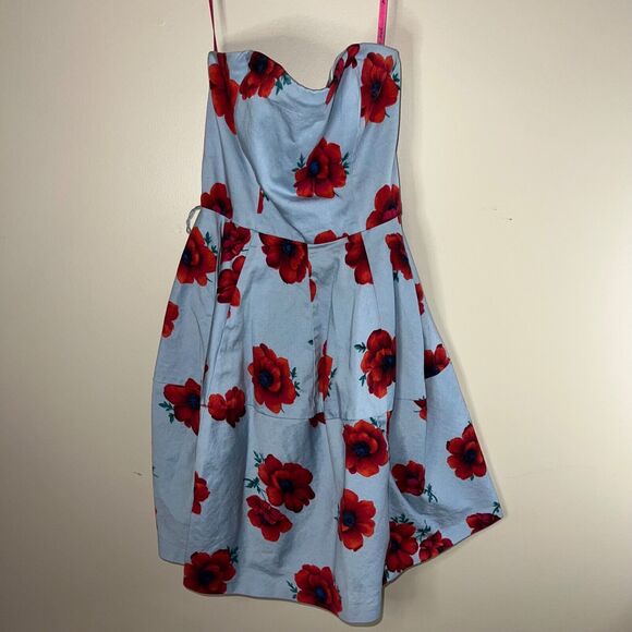 Betsey Johnson blue strapless red floral dress womens size 6 small line skirt - Picture 1 of 8